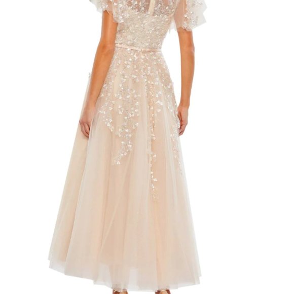 MAC DUGGAL 20362 EMBELLISHED FLUTTER SLEEVE BOW WAIST A-LINE NUDE GOWN sz 8 - Picture 6 of 6